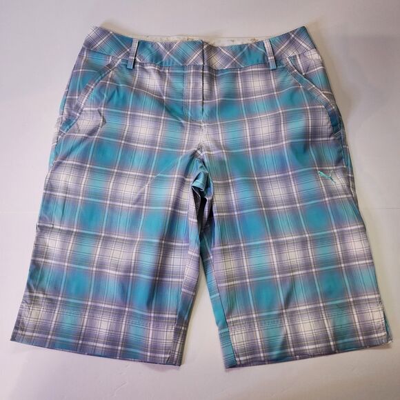 Puma Golf Shorts Womens 6 Blue Plaid Bermuda Outdoors Preppy Athleisure - Picture 1 of 11